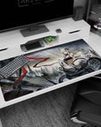 Silver-haired horned anime heroine on rooftop skyline desk pad 40x20 inches in white mech armor.