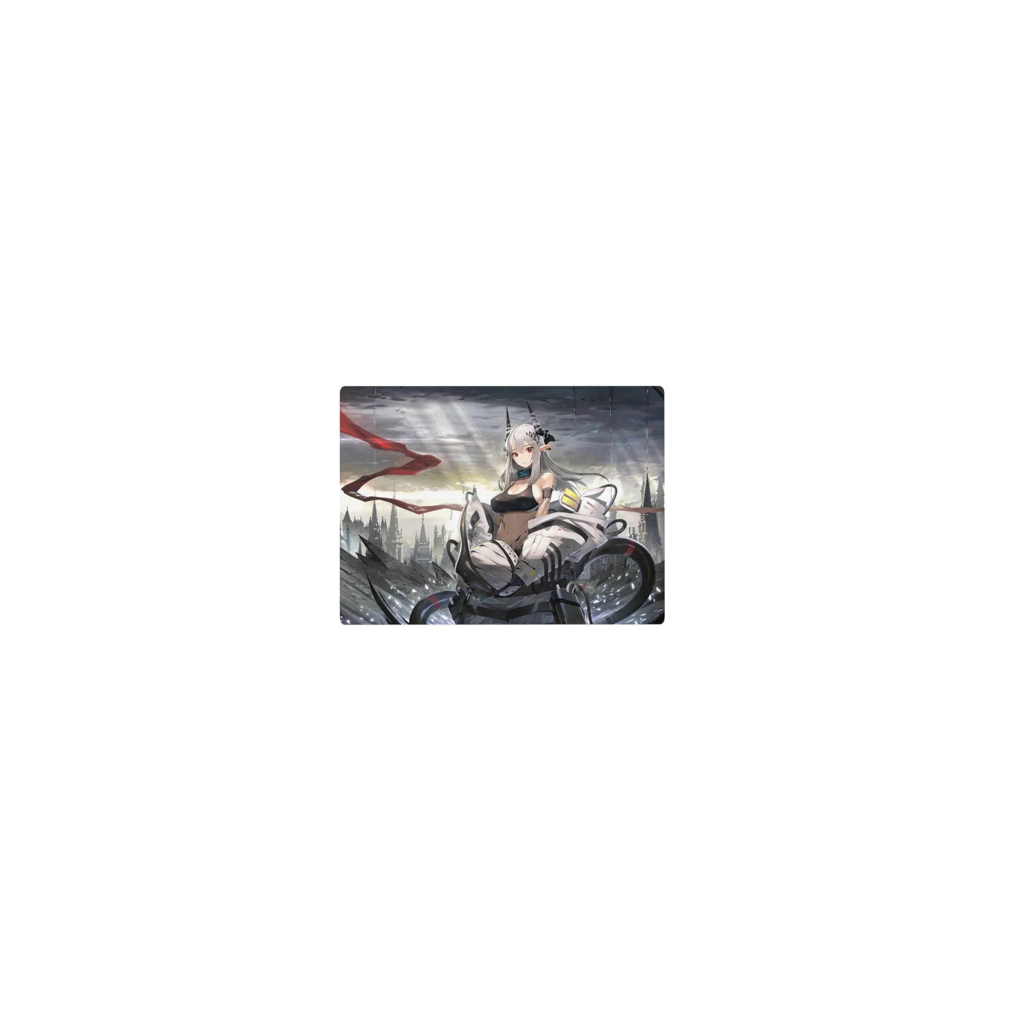 14x10 inches classic anime girl mouse pad with silver-haired sci-fi heroine in white mech armor, city skyline.