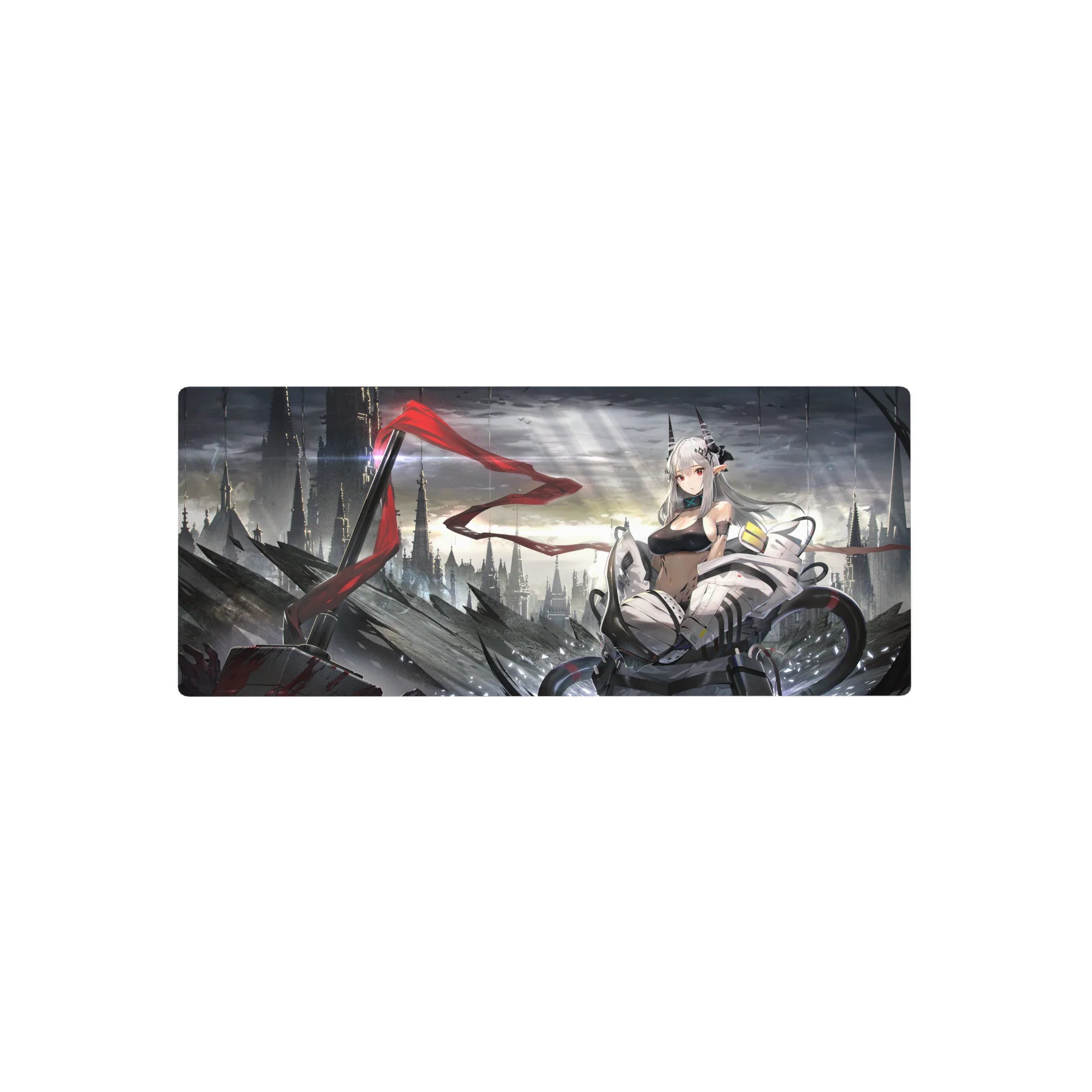 28x12 inches anime girl mouse pad with sci-fi heroine, silver hair, horns, mech armor, cyber skyline.