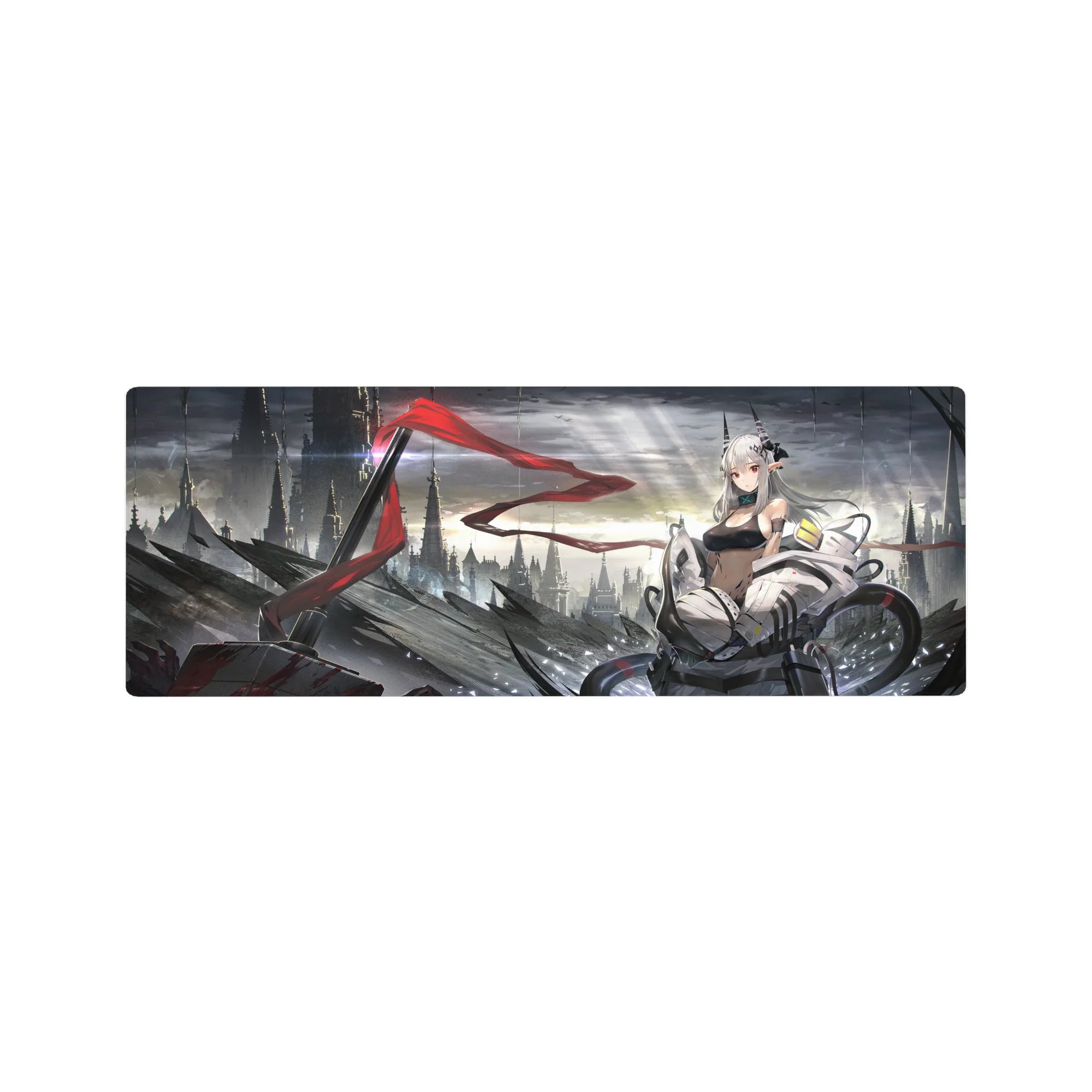 32x12 inches anime girl mouse pad with silver-haired sci-fi heroine, mech armor, and futuristic skyline art.