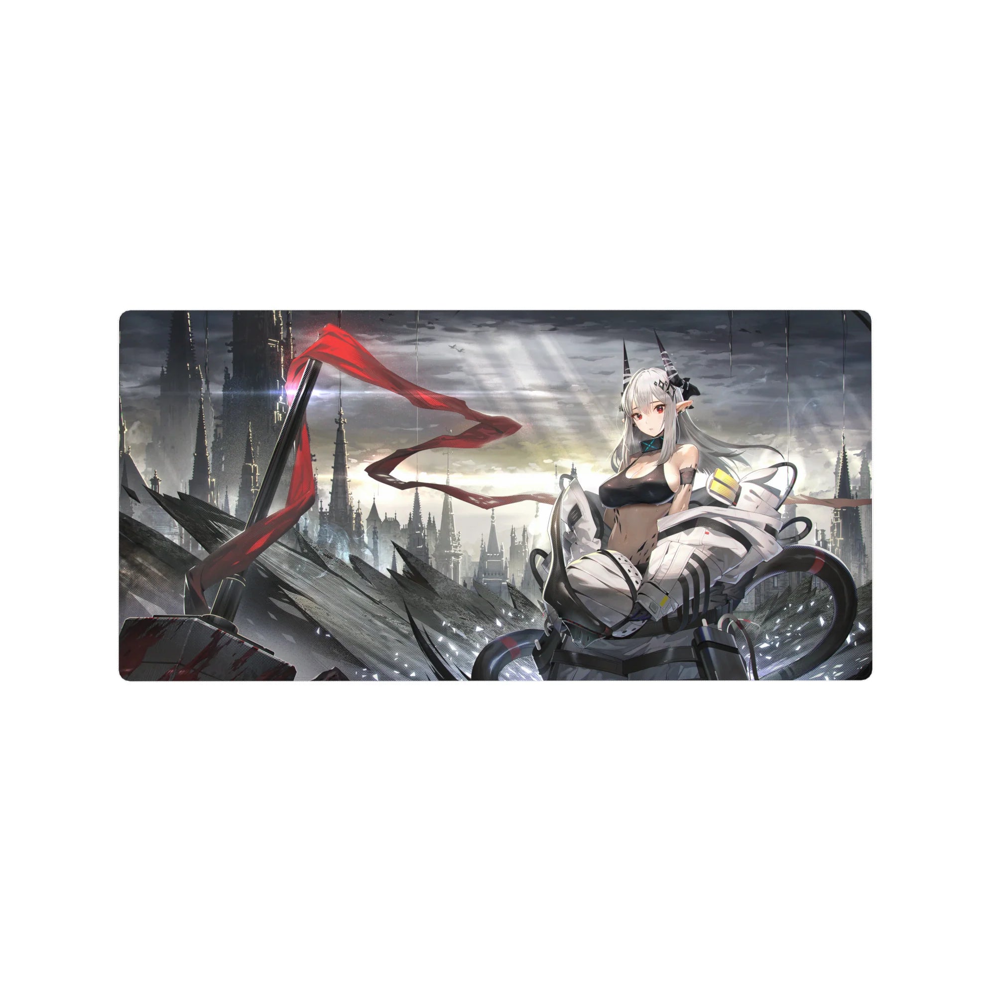 Anime girl mouse pad 32x16 inches with futuristic skyline, red ribbon accent, and mech armor art.