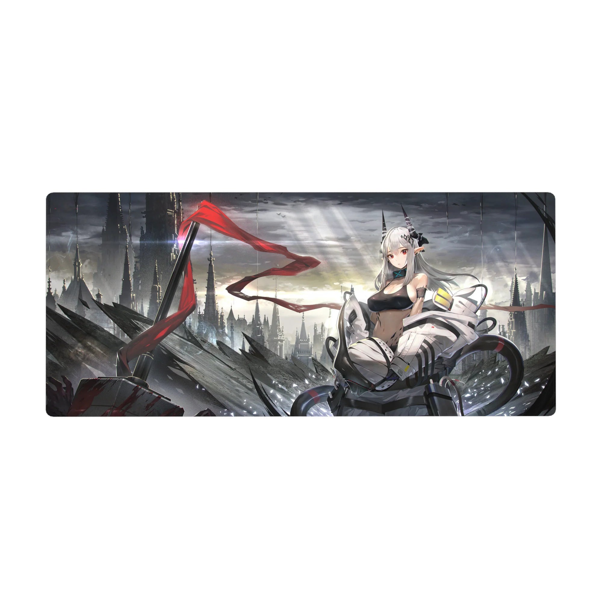 36x16 inches anime girl desk pad with silver-haired sci-fi heroine, mech armor, and futuristic skyline.