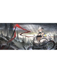 36x16 inches anime girl desk pad with silver-haired sci-fi heroine, mech armor, and futuristic skyline.
