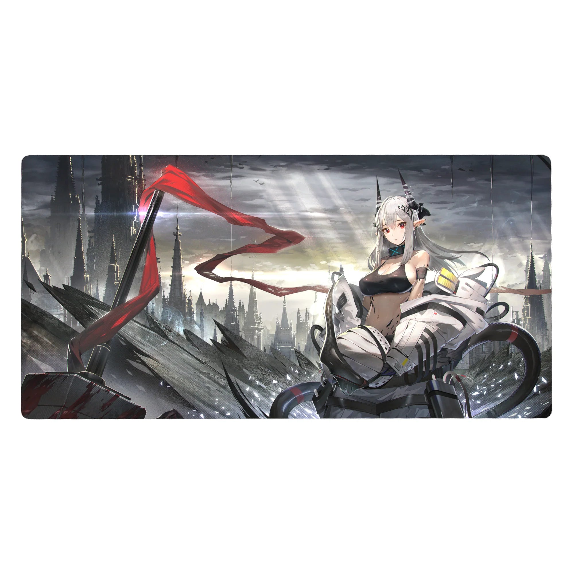 Futuristic anime girl desk pad 40x20 inches with cyber skyline, red ribbon streak, and mech armor.