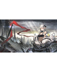 Futuristic anime girl desk pad 40x20 inches with cyber skyline, red ribbon streak, and mech armor.