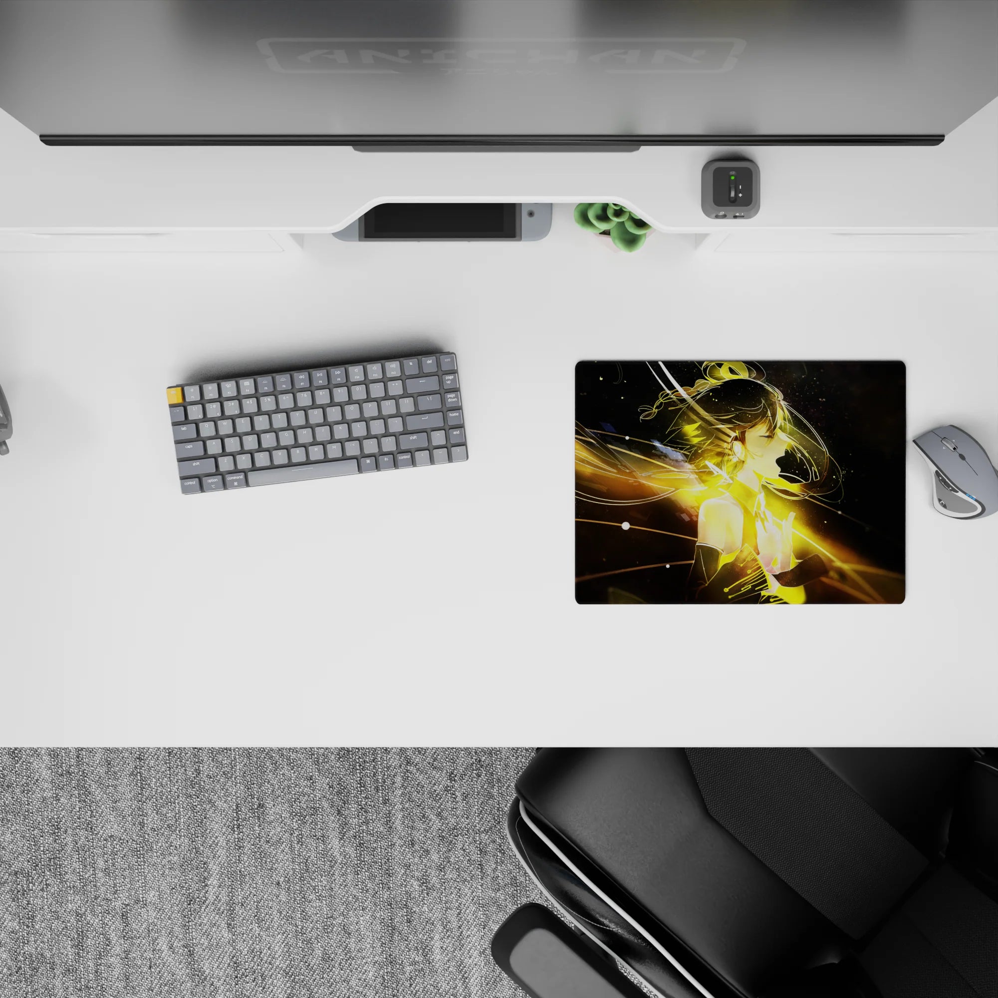 Dreamy space-black anime girl mouse pad 14x10 inches in warm amber gold, late-night neon glow.