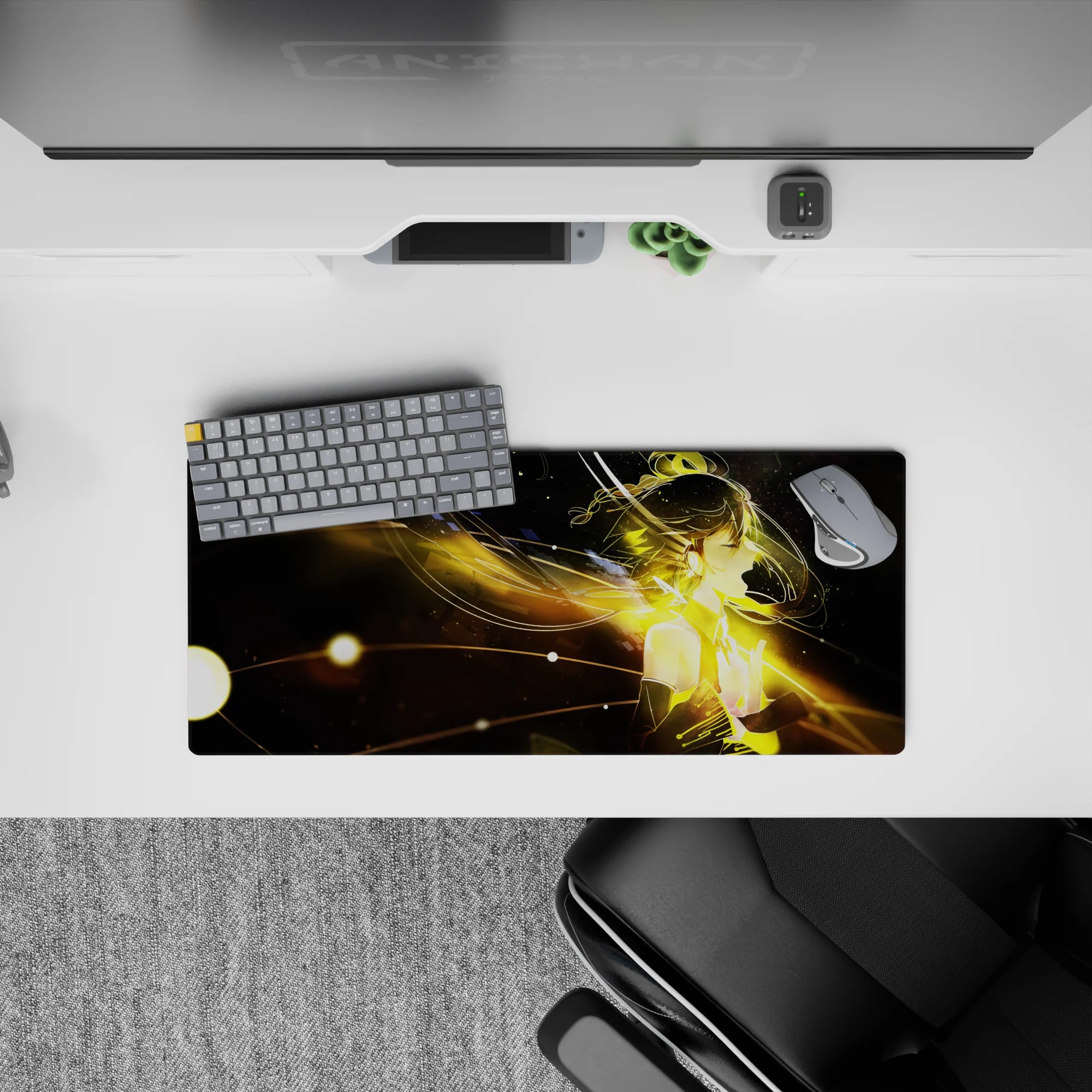 28x12 inches anime girl mouse pad in deep black and warm amber glow, dreamy late-night sci-fi mood.