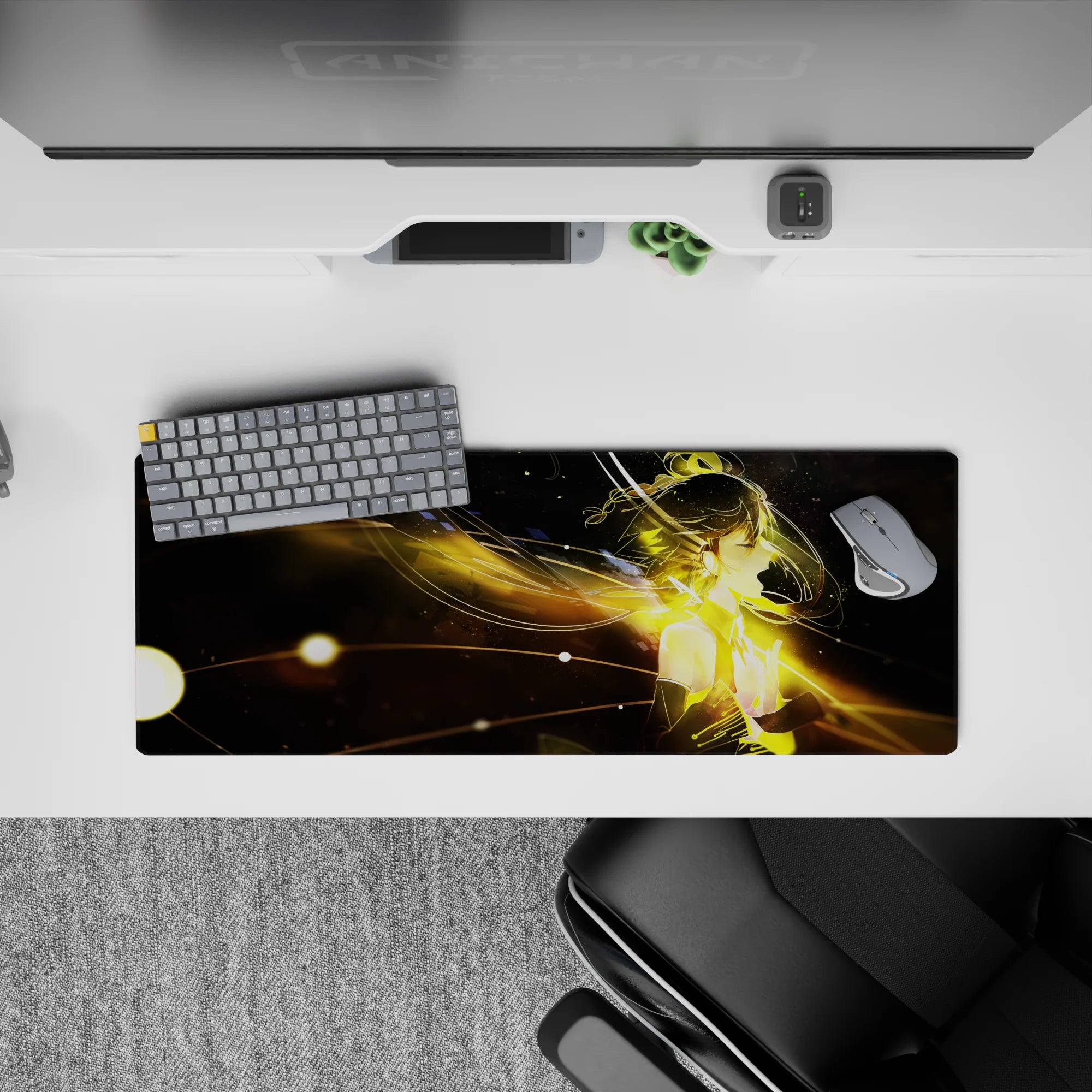 32x12 inches anime girl mouse pad in deep space-black with glowing gold streaks and warm amber sparks.