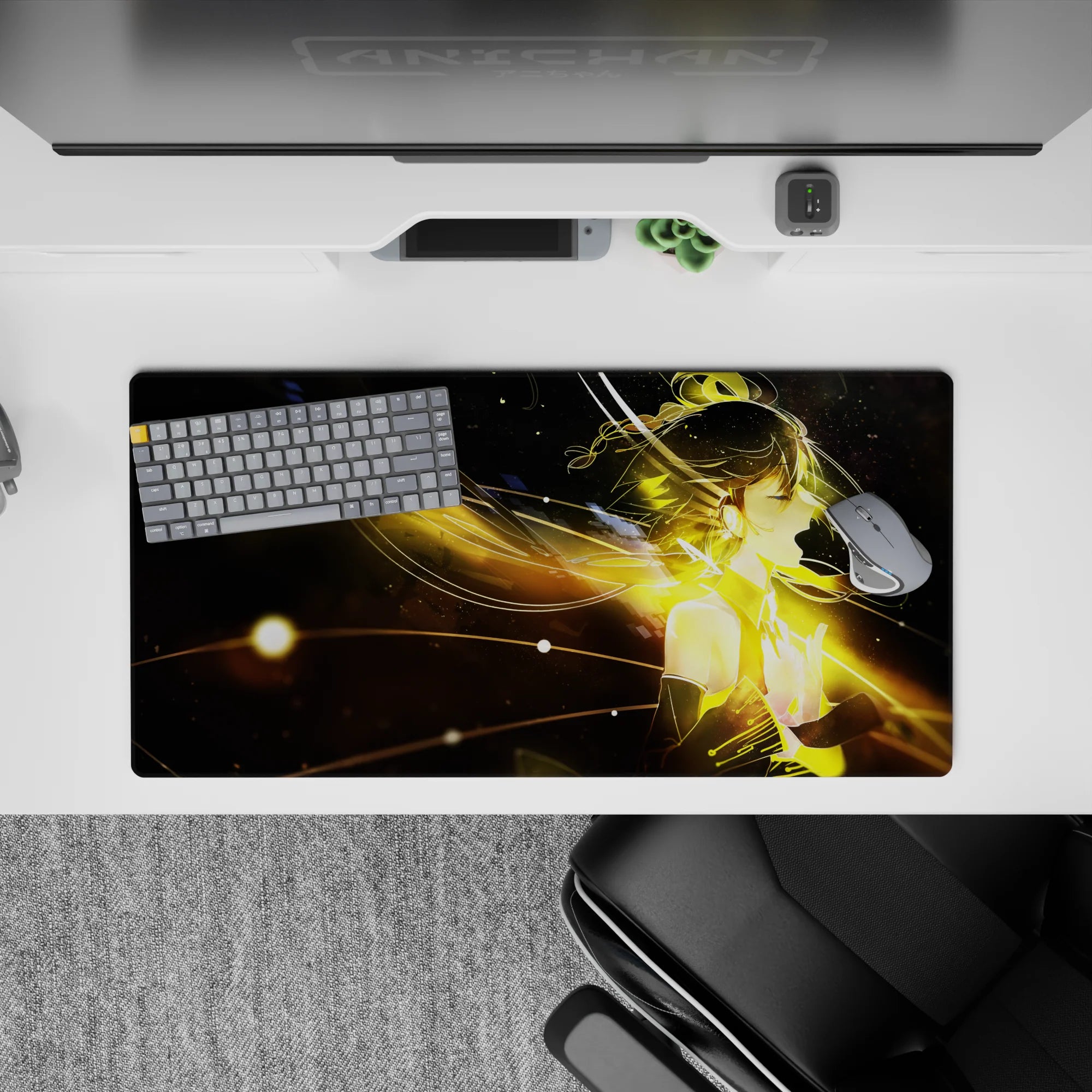 32x16 inches anime girl mouse pad in deep space black with warm gold sparks and late-night neon glow.