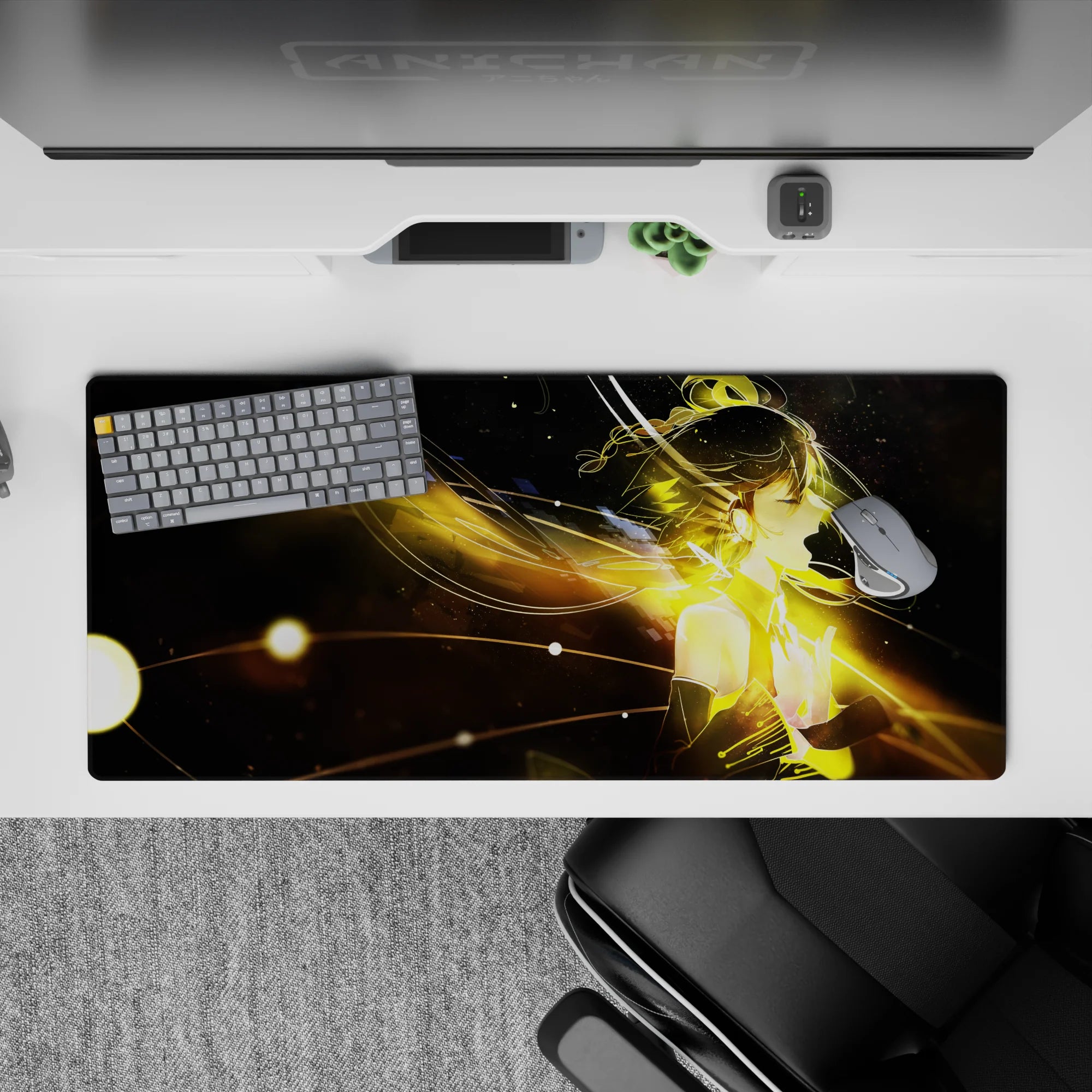 Deep space-black 36x16 inches anime desk pad with warm amber sparks, gold streaks, dreamy night vibe.