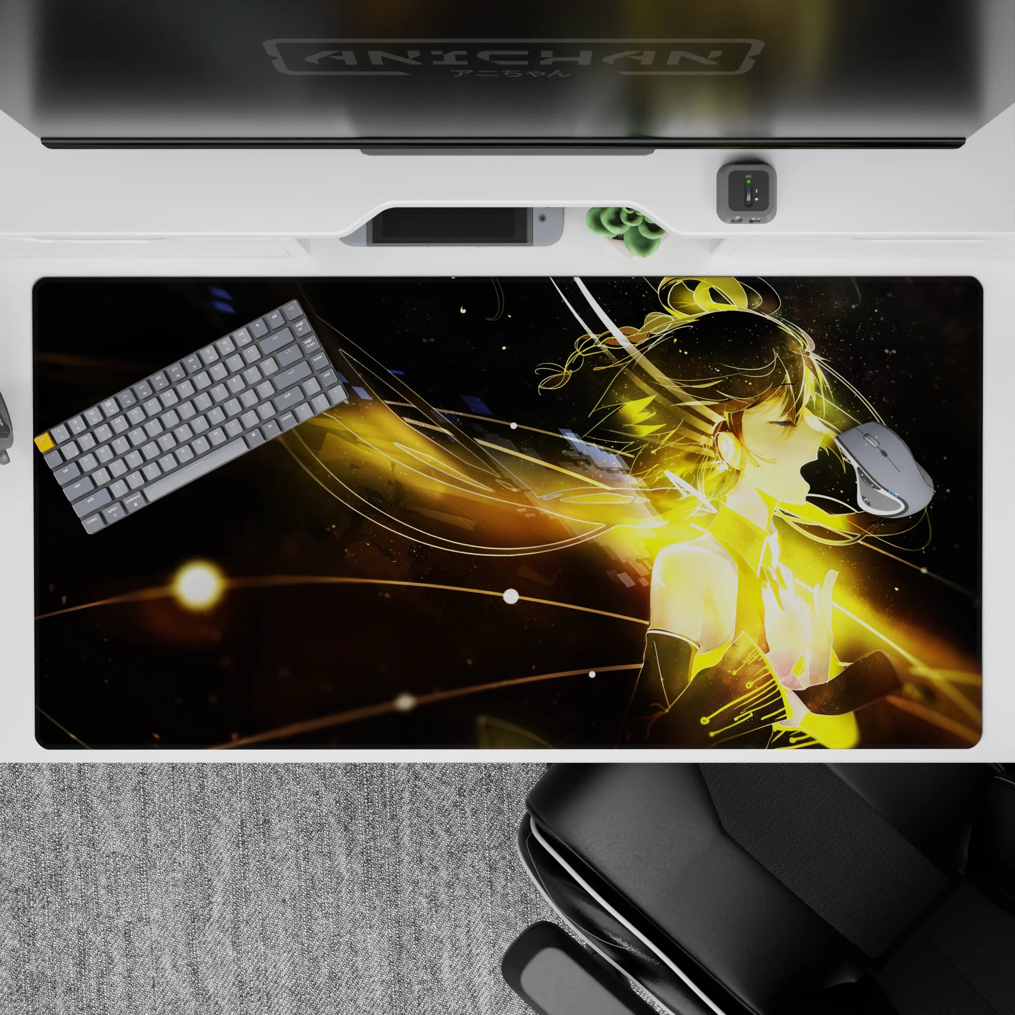 Space-black anime desk pad 40x20 inches in warm gold and amber glow, dreamy late-night vibe.