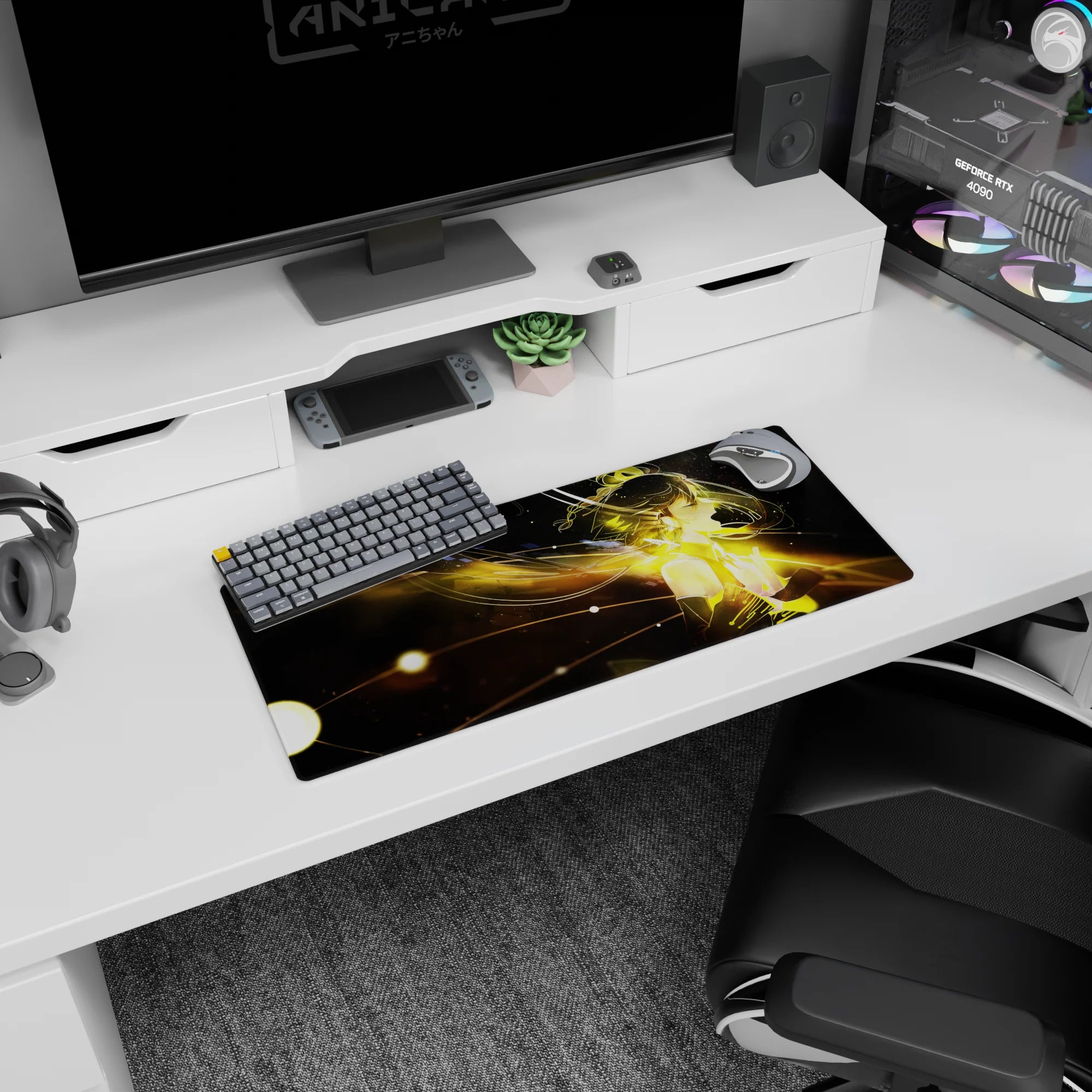 28x12 inches anime girl mouse pad featuring a mysterious girl with flowing hair turning into golden light trails.