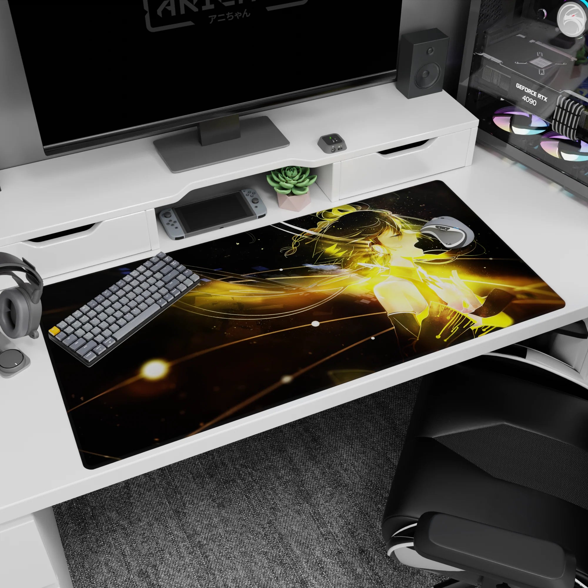 Cyber anime girl desk pad 40x20 inches, ribbons of hair into neon streaks with floating pixels.