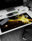 Cyber anime girl desk pad 40x20 inches, ribbons of hair into neon streaks with floating pixels.