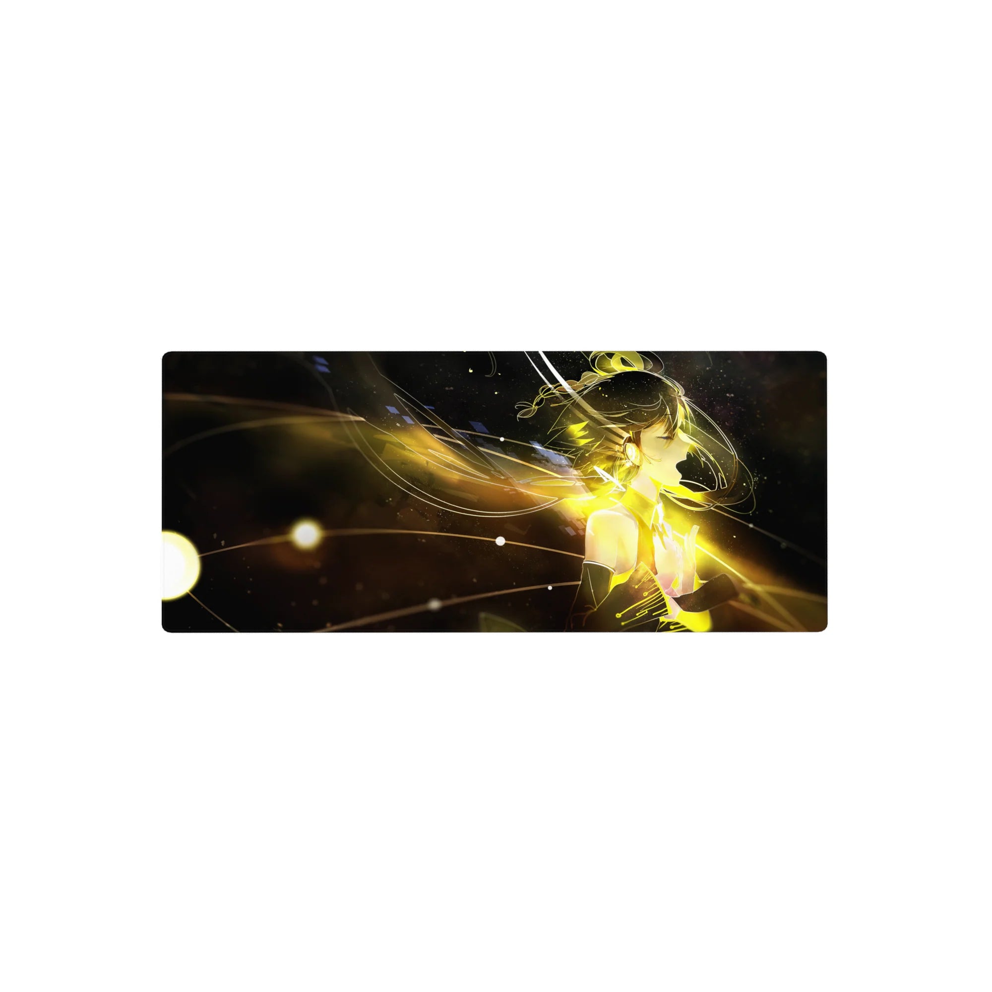28x12 inches anime girl mouse pad with cyber-angel art, glowing ribbons, floating squares, space-black background.