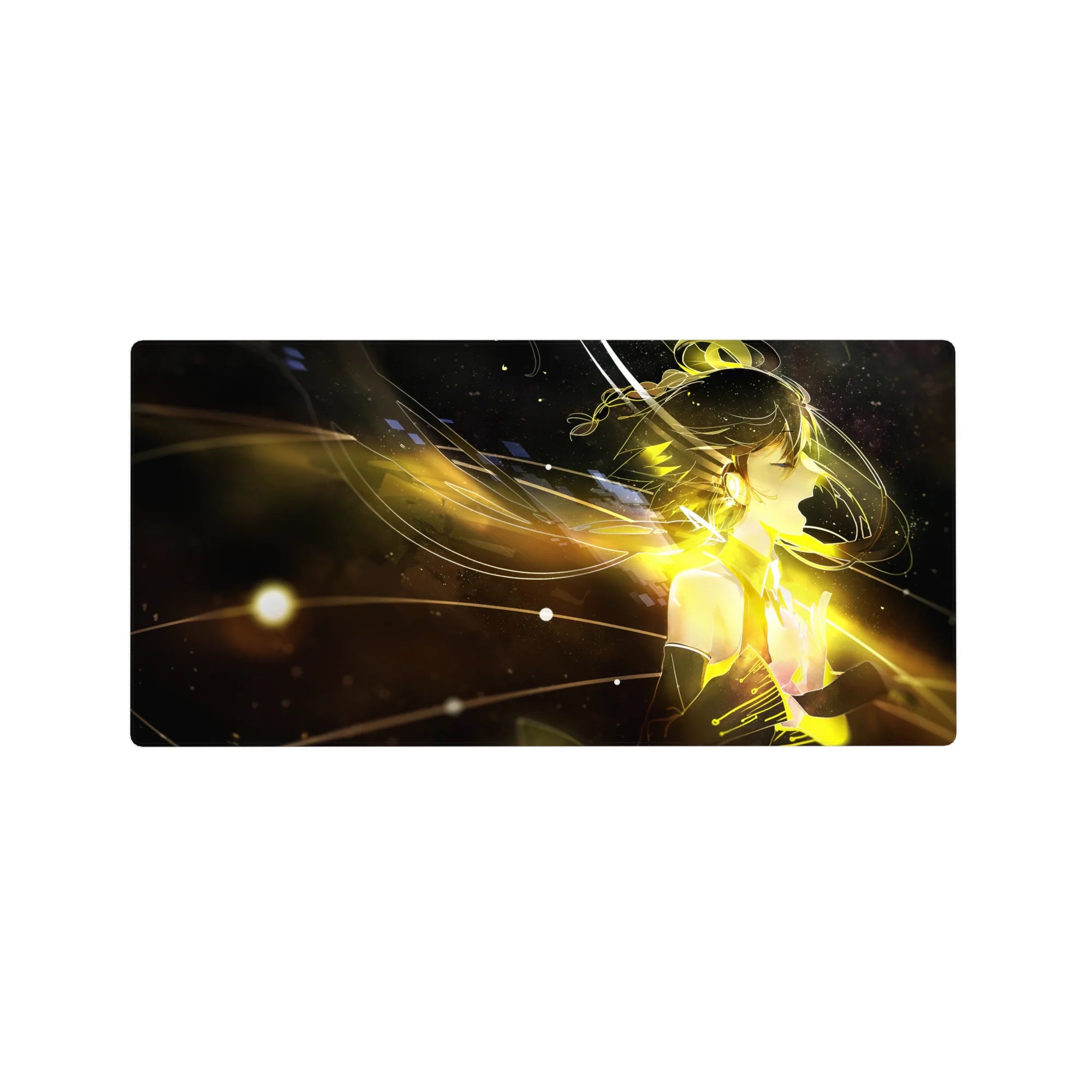 32x16 inches anime girl mouse pad with cyber-angel art, glowing hair trails, and floating pixel squares.