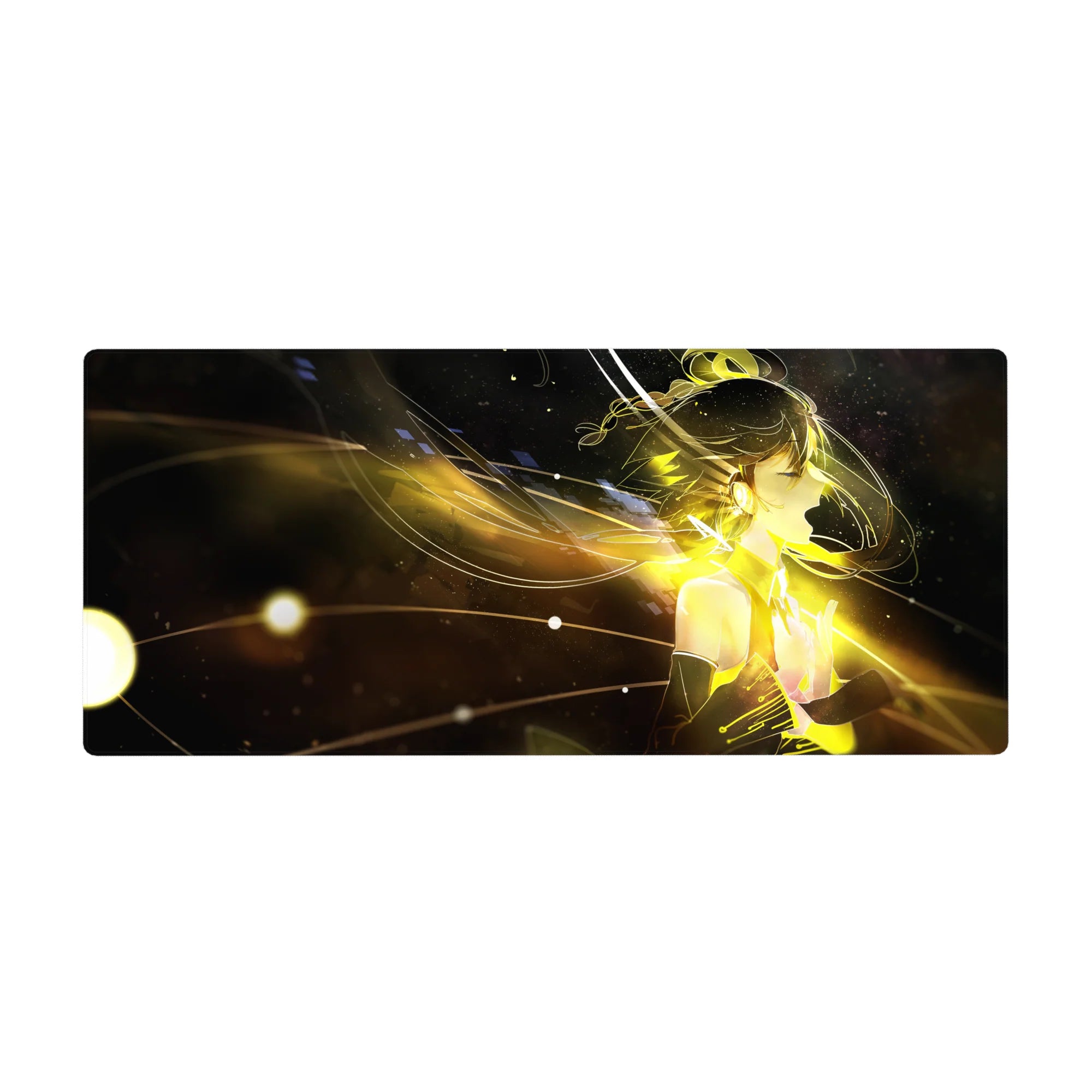 Anime girl desk pad 36x16 inches with cyber-angel glow, light trails, and floating pixel squares.