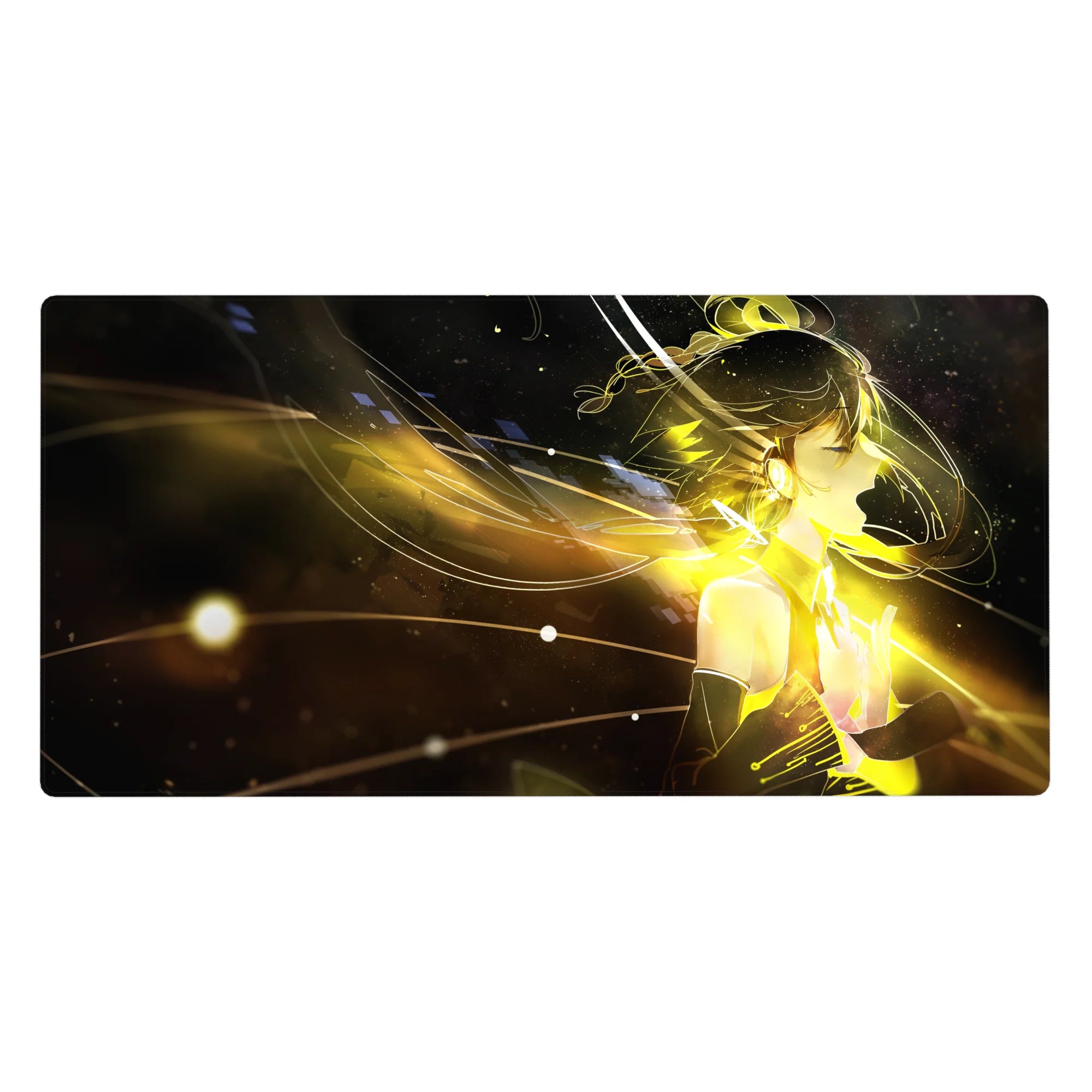 Anime girl desk pad 40x20 inches with cyber-angel artwork, flowing hair and glowing light trails.
