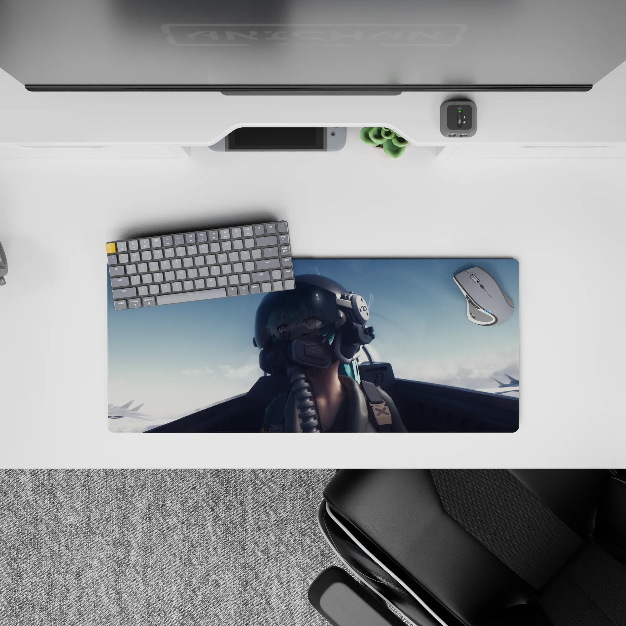 28x12 inches anime pilot mouse pad in cool blue gradients with glossy black helmet and teal hair accents.