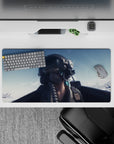 Cool blue gradient anime girl mouse pad, calm adrenaline vibe with teal hair and glossy black helmet, 32x16 inches.