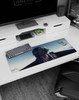 Focused anime pilot girl staring ahead in clouds, visor down, harness and hose, mouse pad 32x12 inches.