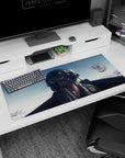 Focused visor-down pilot girl in clouds on desk pad 36x16 inches, detailed patches and ribbed hose.