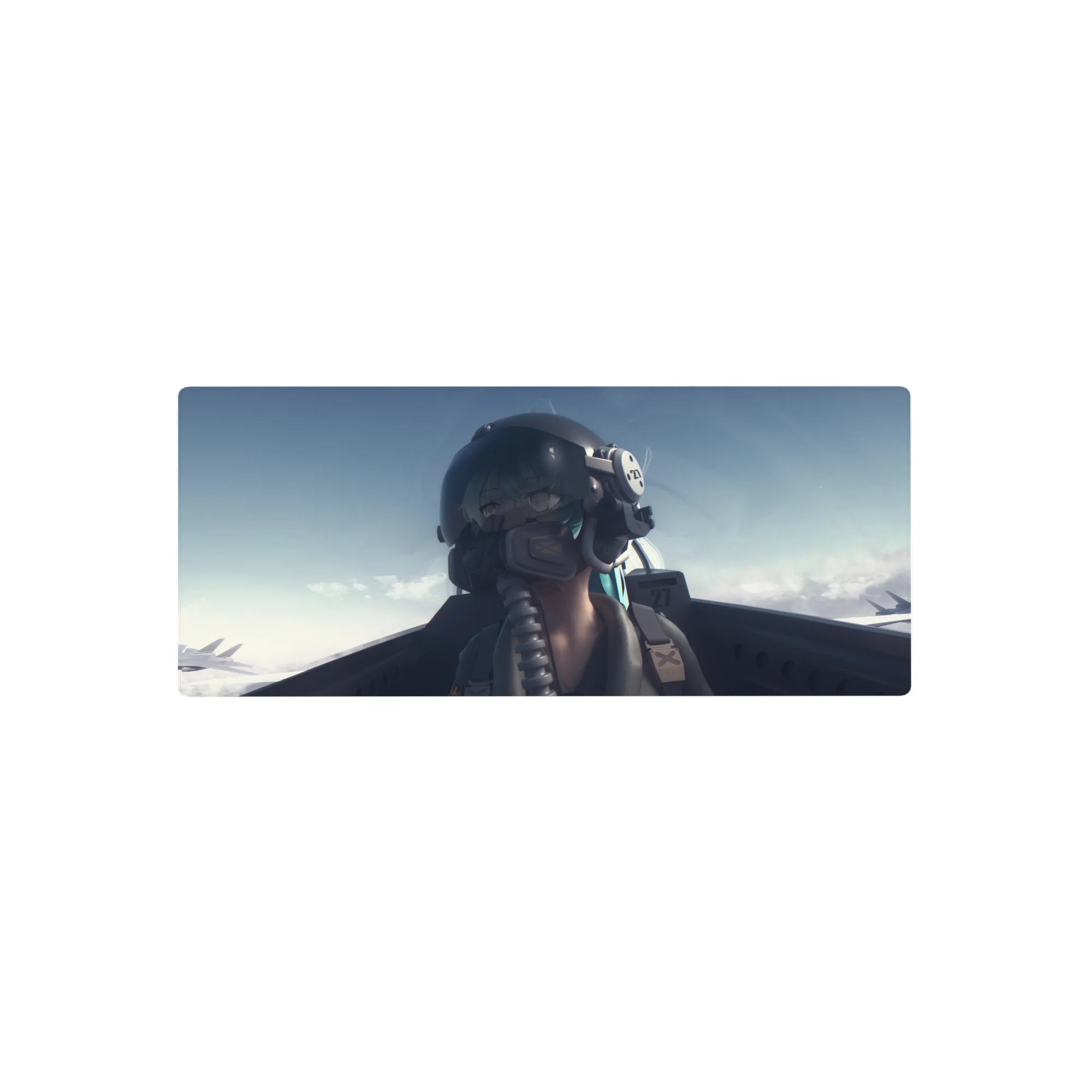 28x12 inches anime girl mouse pad with pilot helmet, oxygen mask, harness straps, and cloud backdrop.