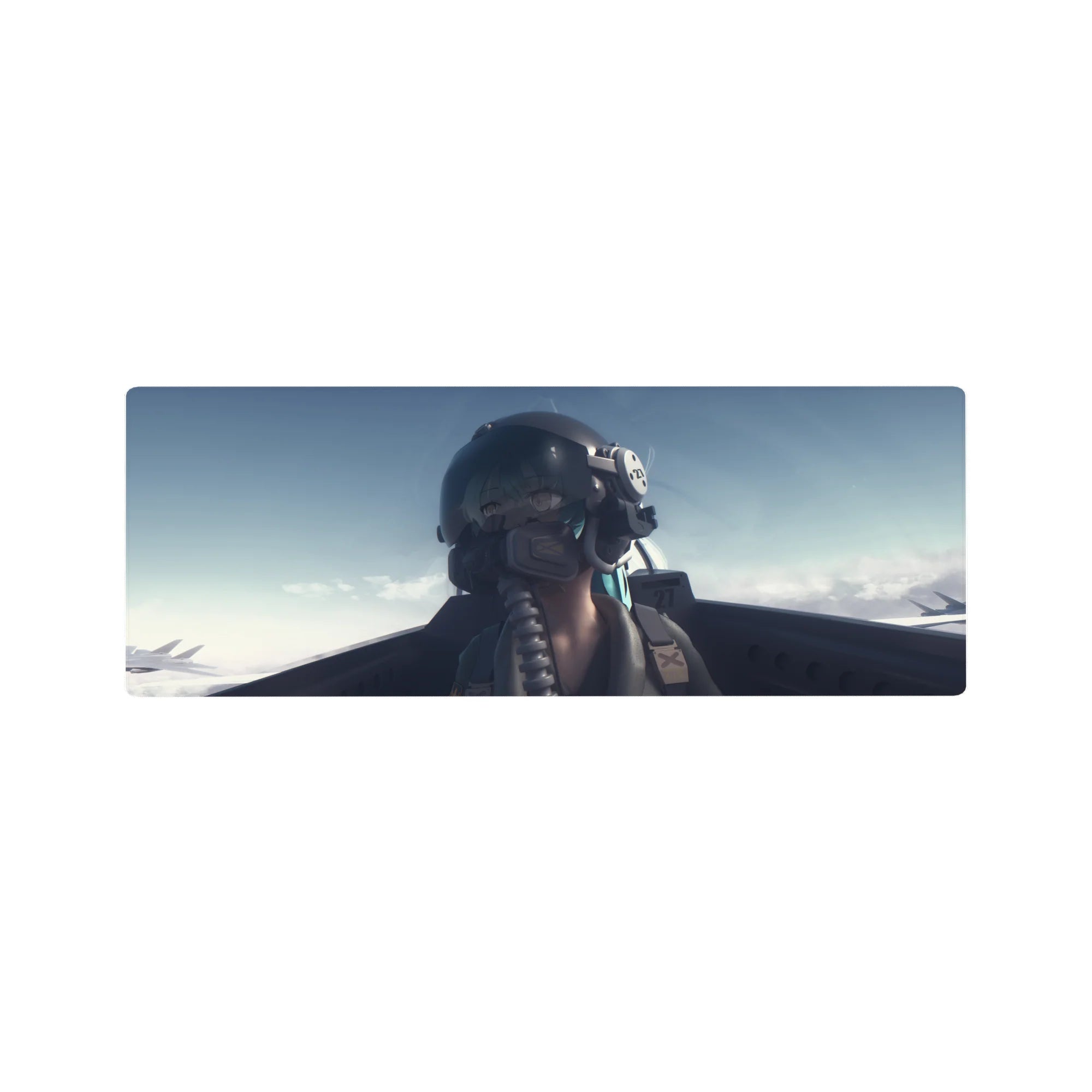 Anime girl pilot cockpit desk mat mouse pad, visor helmet, oxygen mask details, 32x12 inches.
