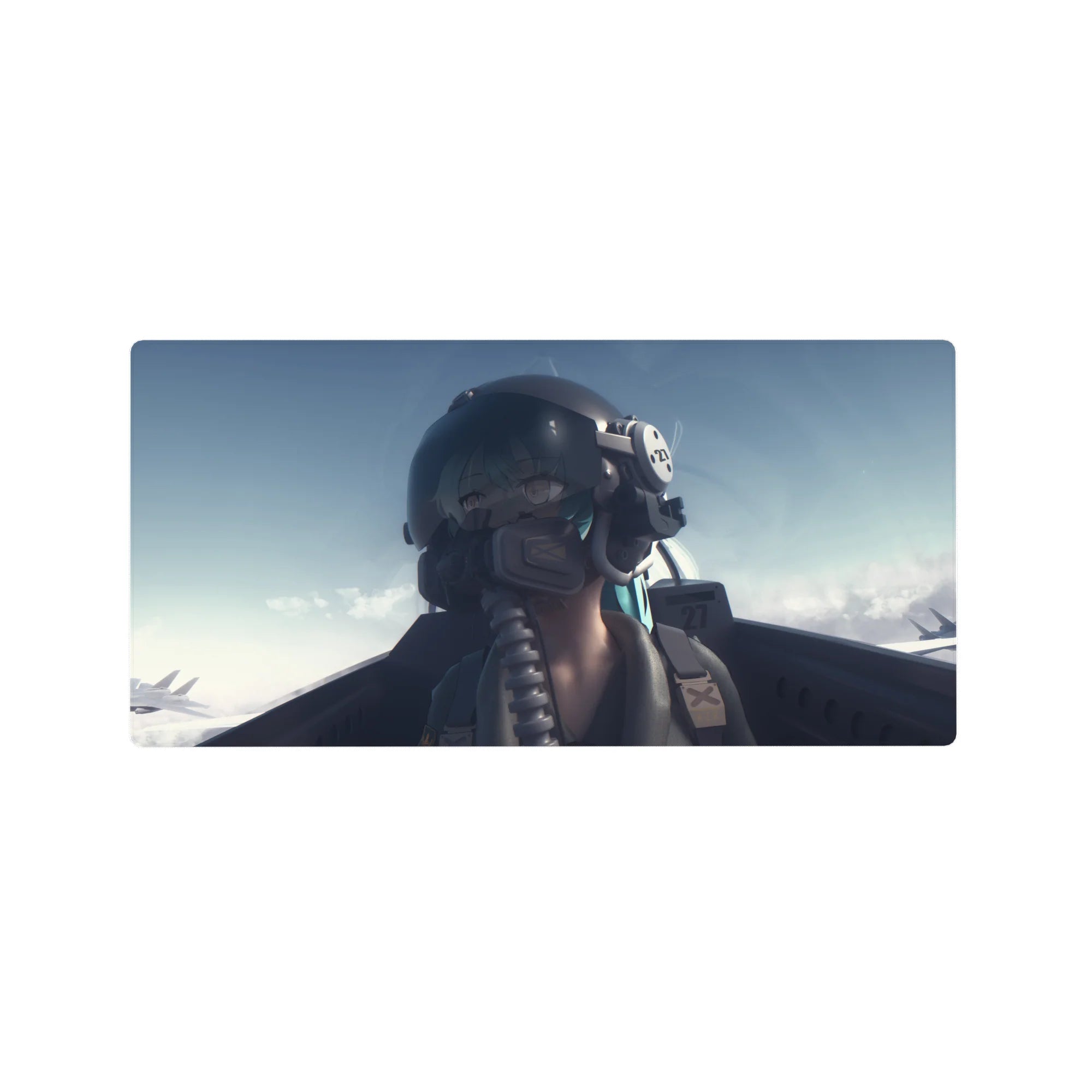 Anime pilot girl desk mouse pad with helmet, oxygen mask, patches, and cockpit details, 32x16 inches.