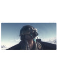 Anime pilot girl desk mouse pad with helmet, oxygen mask, patches, and cockpit details, 32x16 inches.
