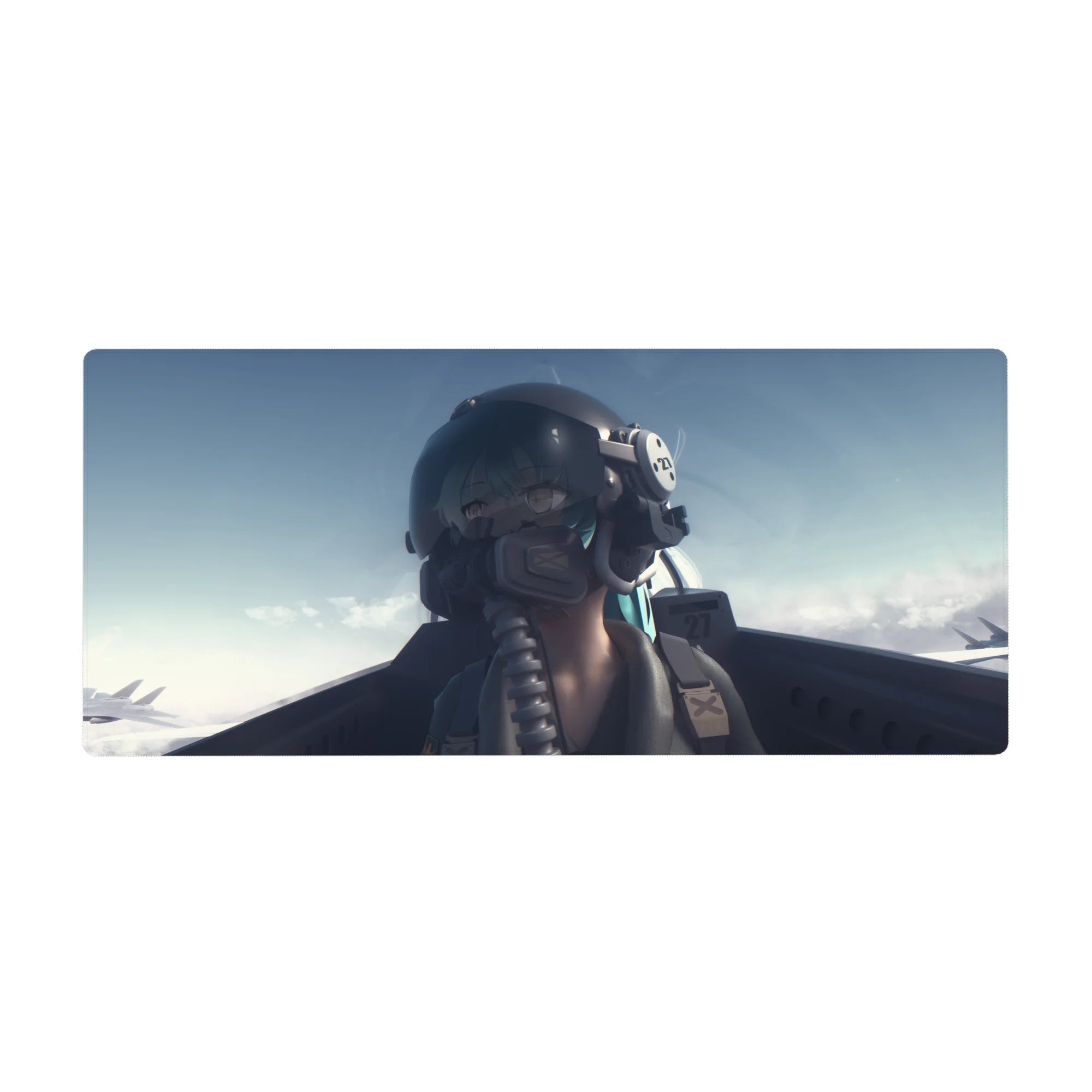 Anime pilot girl desk pad 36x16 inches with glossy helmet, oxygen mask, harness straps, sky backdrop.
