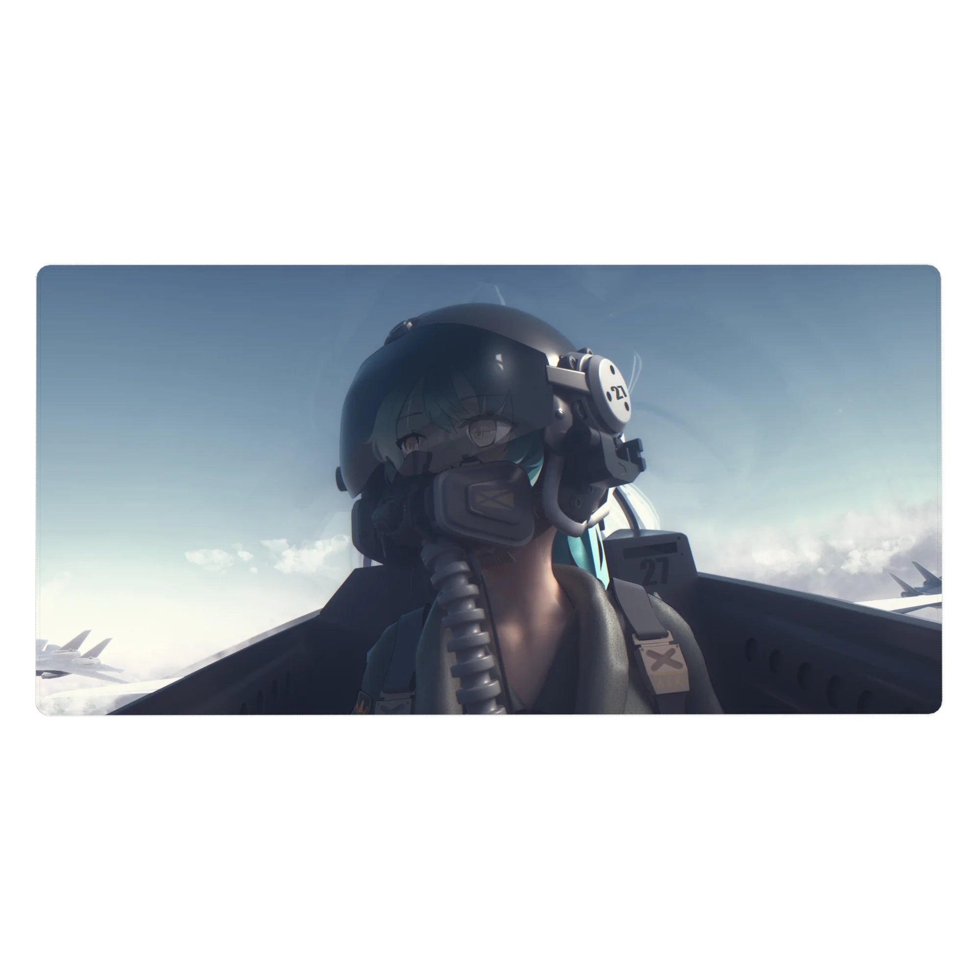 Anime pilot girl desk pad with glossy black helmet, oxygen mask, patches, 40x20 inches.