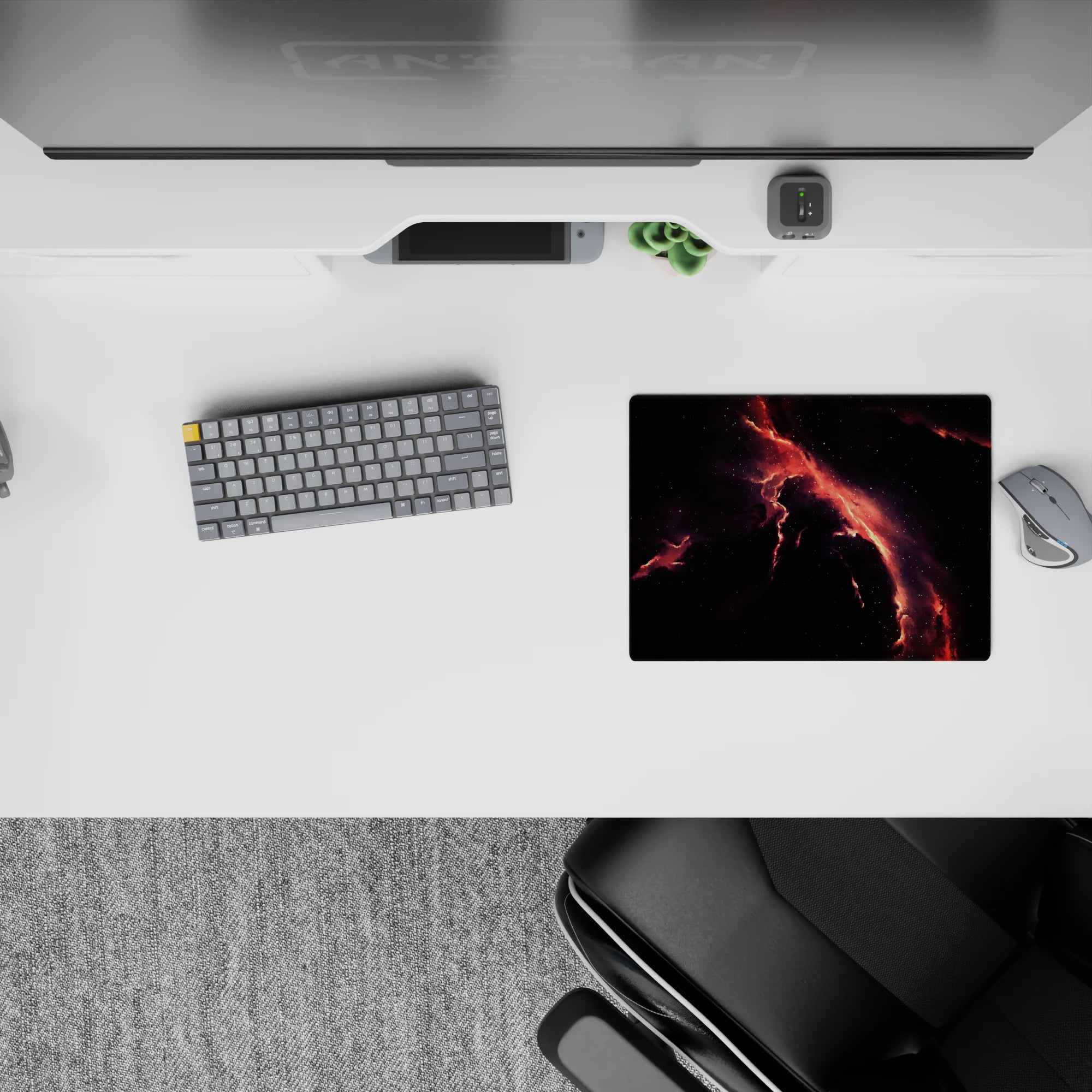 Smoky black space with molten coral and ember-red seams, calming bold classic mouse pad 14x10 inches.