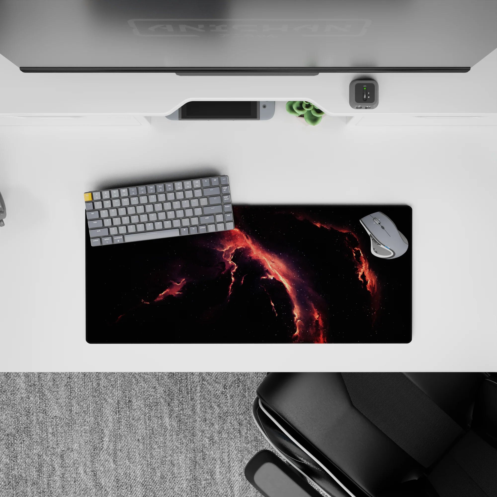 Dark smoky black 28x12 inches mouse pad with molten coral and ember-red seams, calm late-night vibe.