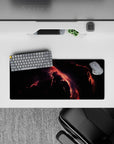 Dark smoky black 28x12 inches mouse pad with molten coral and ember-red seams, calm late-night vibe.