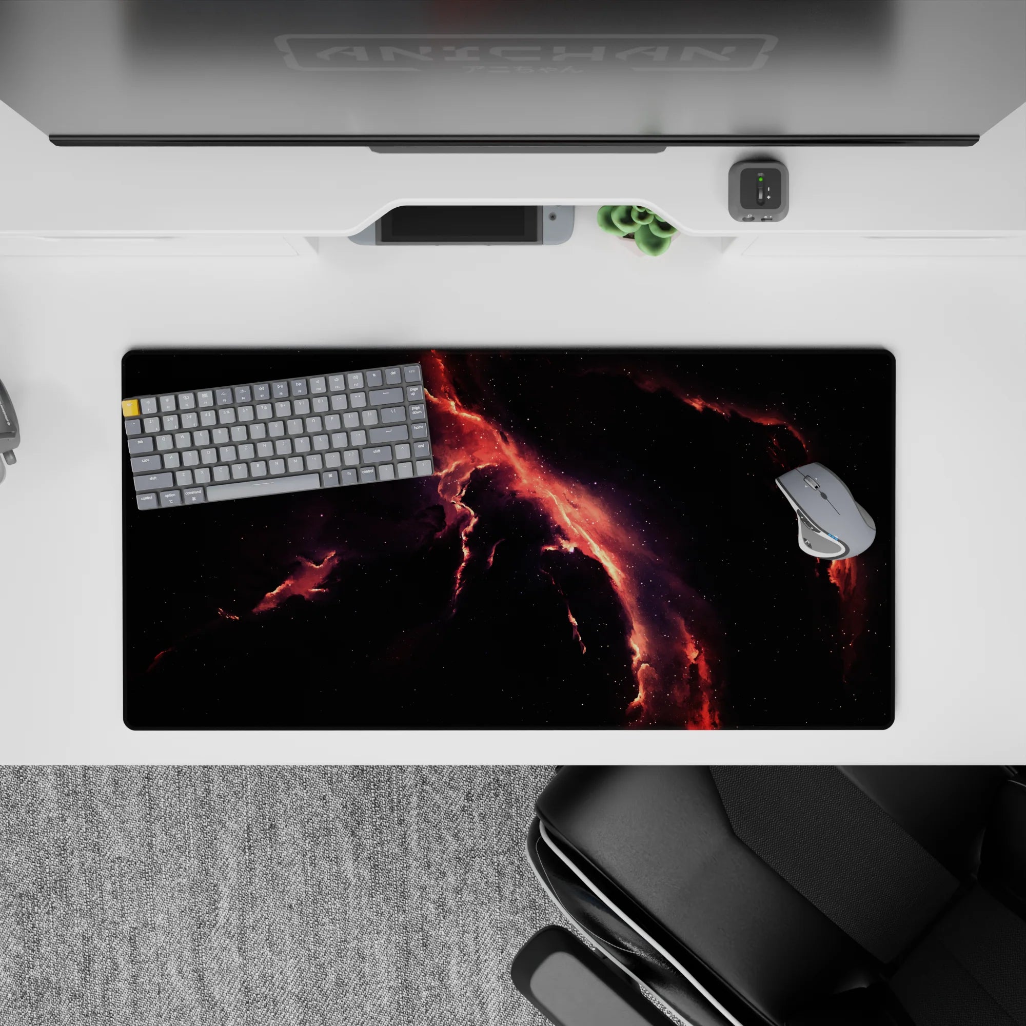 Smoky black and coral ember-red mouse pad 32x16 inches with calming violet haze, made for late-night gaming.