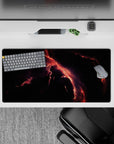 Smoky black and coral ember-red mouse pad 32x16 inches with calming violet haze, made for late-night gaming.
