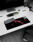 Star-dusted space scene 28x12 inches mouse pad with lightning-like coral rivers across a violet haze.