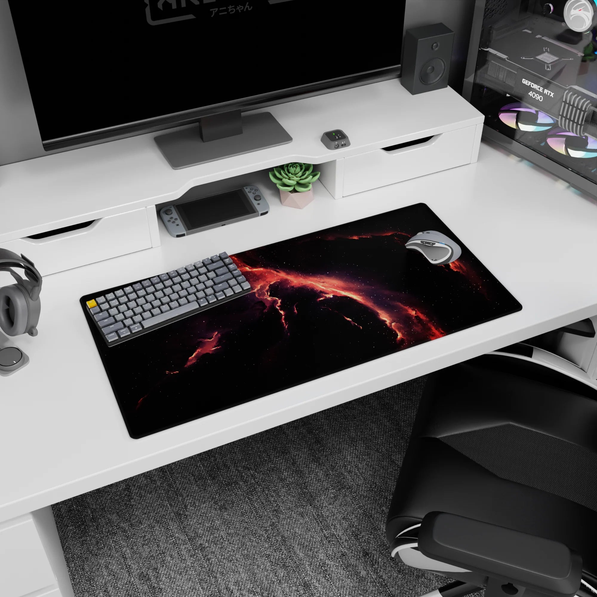 Lightning-like rivers of molten coral across dark space mouse pad 32x16 inches with star-dust accents.