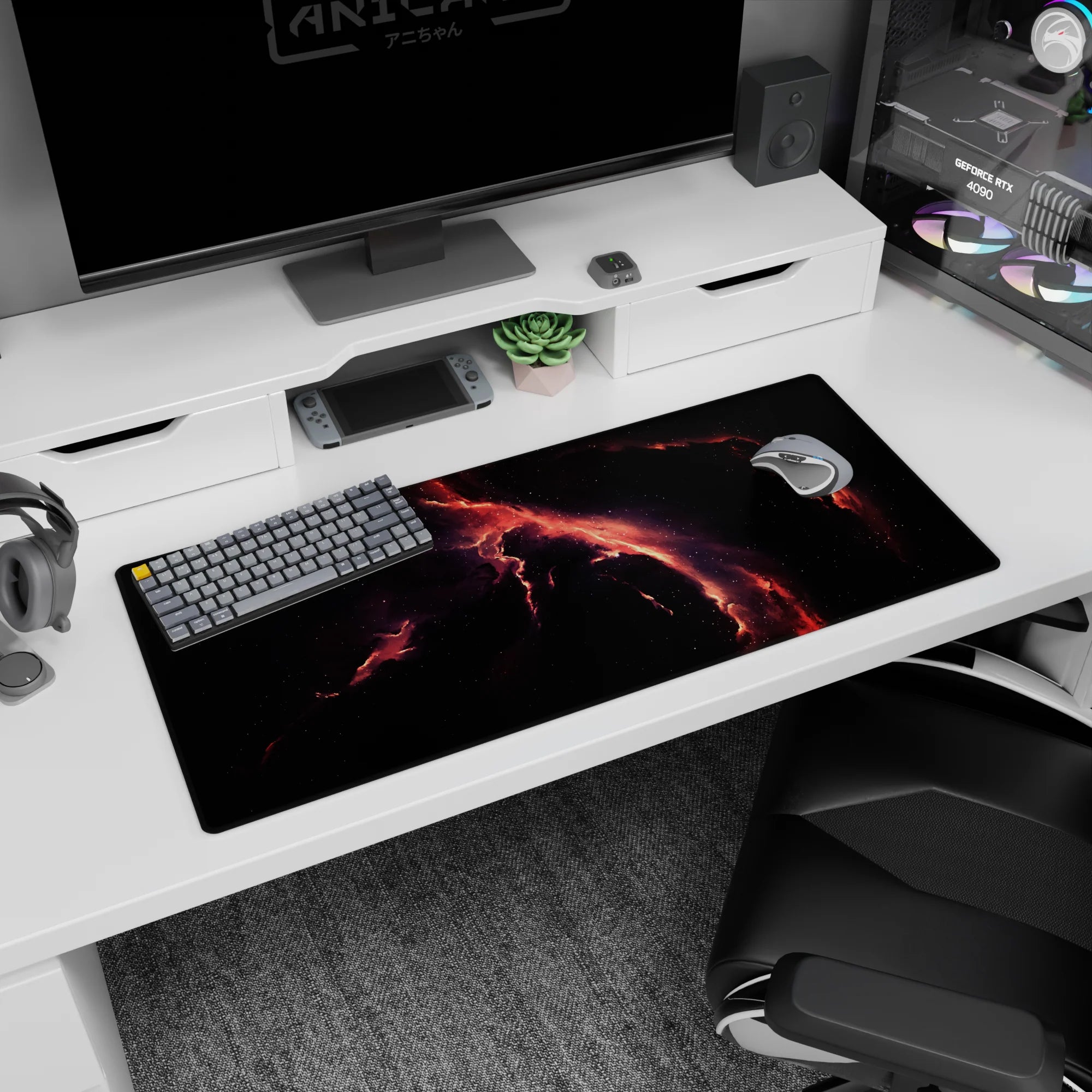 Lightning-like rivers of coral and red across dark space desk pad 36x16 inches with stardust specks.