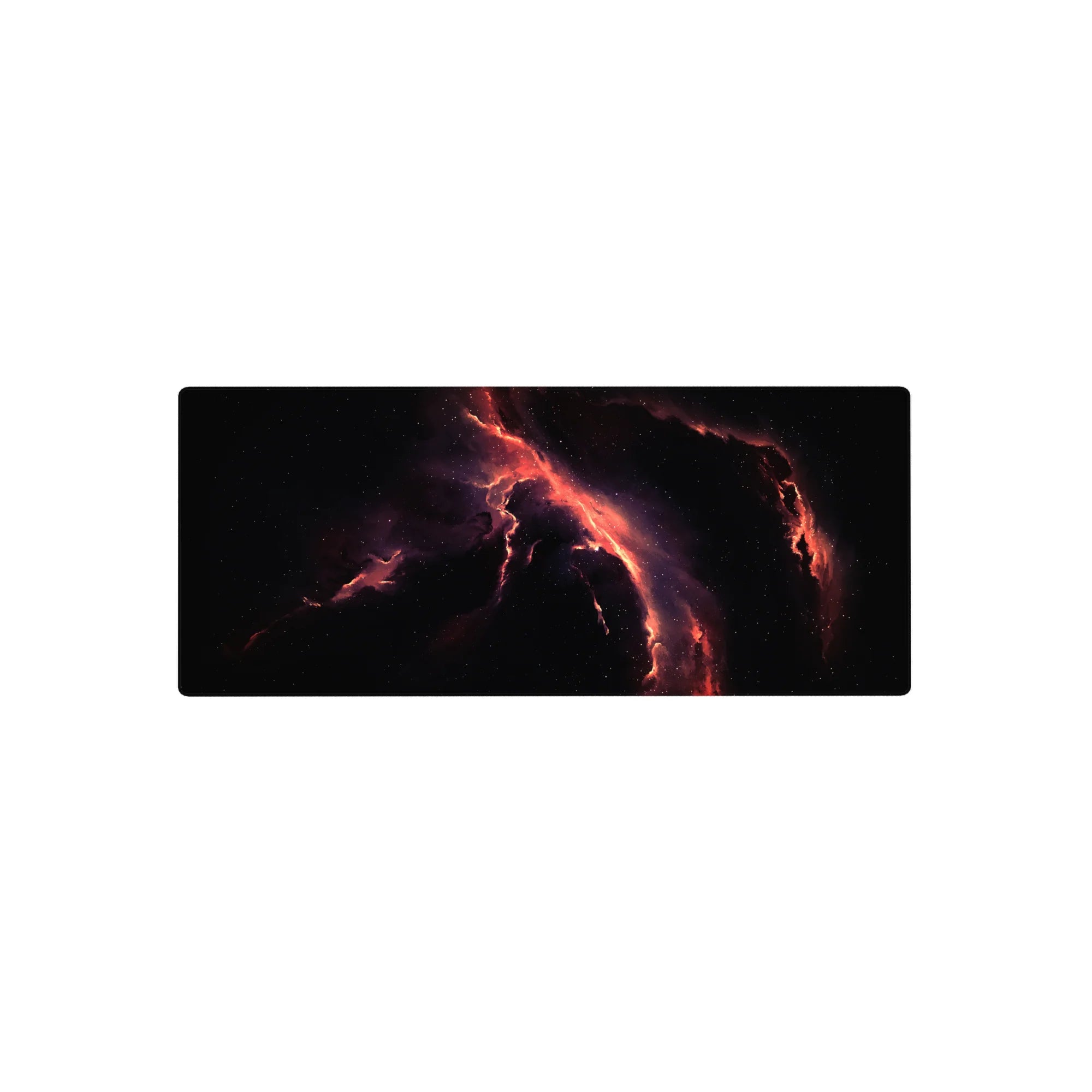 Midnight nebula galaxy desk mouse pad, extended 28x12 inches, smoky space with coral streaks.