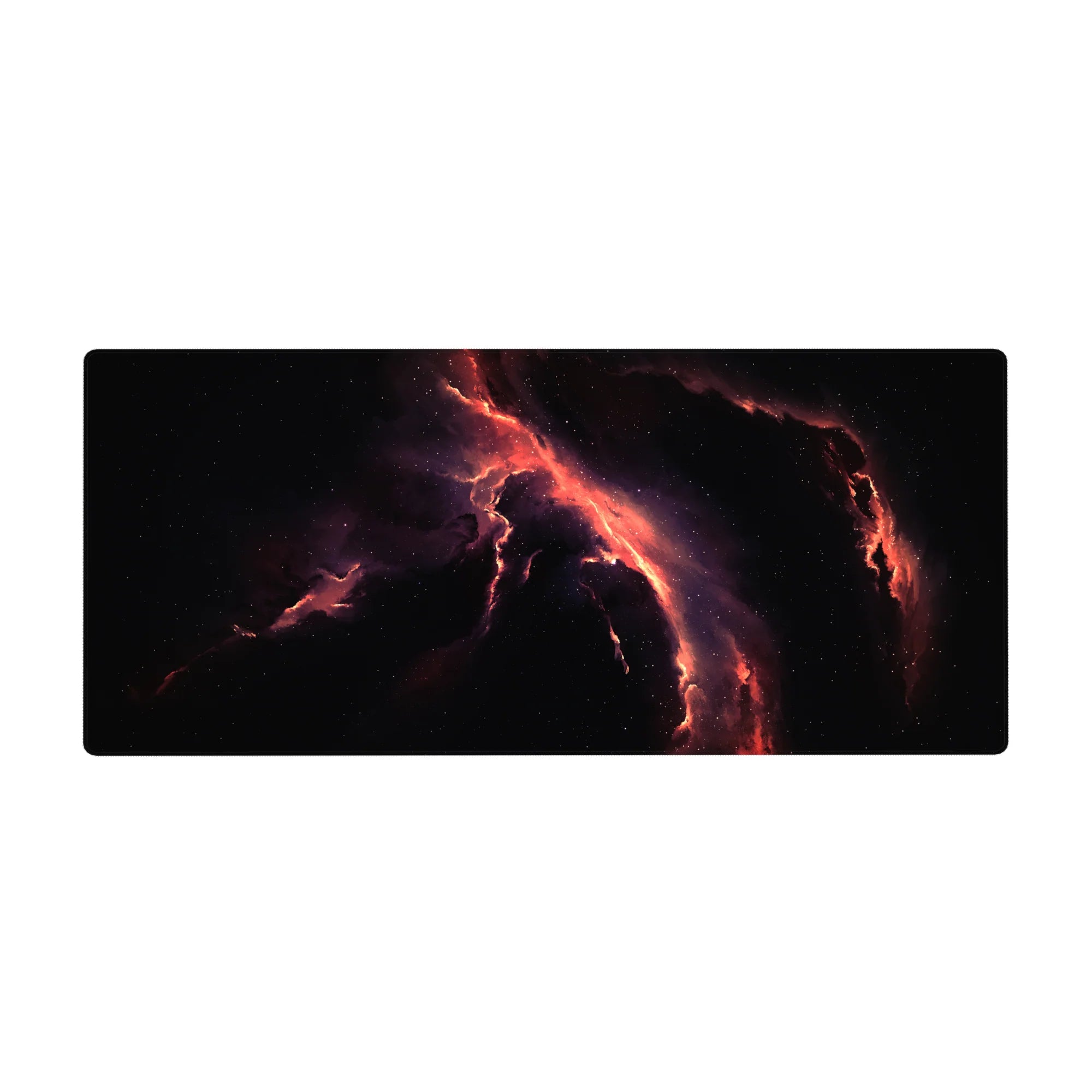 Midnight nebula galaxy desk pad 36x16 inches with swirling black space and star-dust accents.