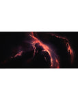 Midnight nebula galaxy desk pad 36x16 inches with swirling black space and star-dust accents.