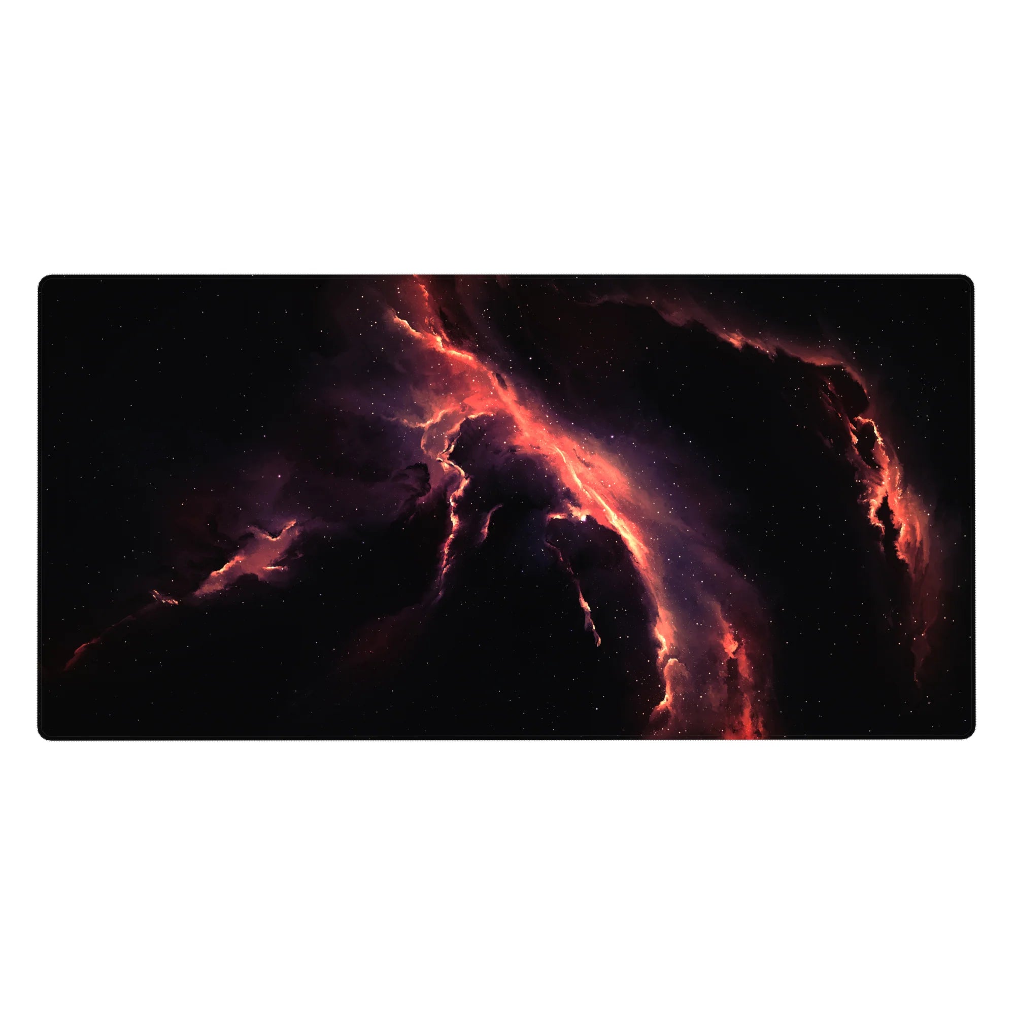 Midnight nebula galaxy desk pad, 40x20 inches, smoky black space with swirling star-dust details.