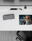 Sword Art Online anime mouse pad featuring Kirito and Asuna in sync, 14x10 inches. Their swords glow blue and amber.
