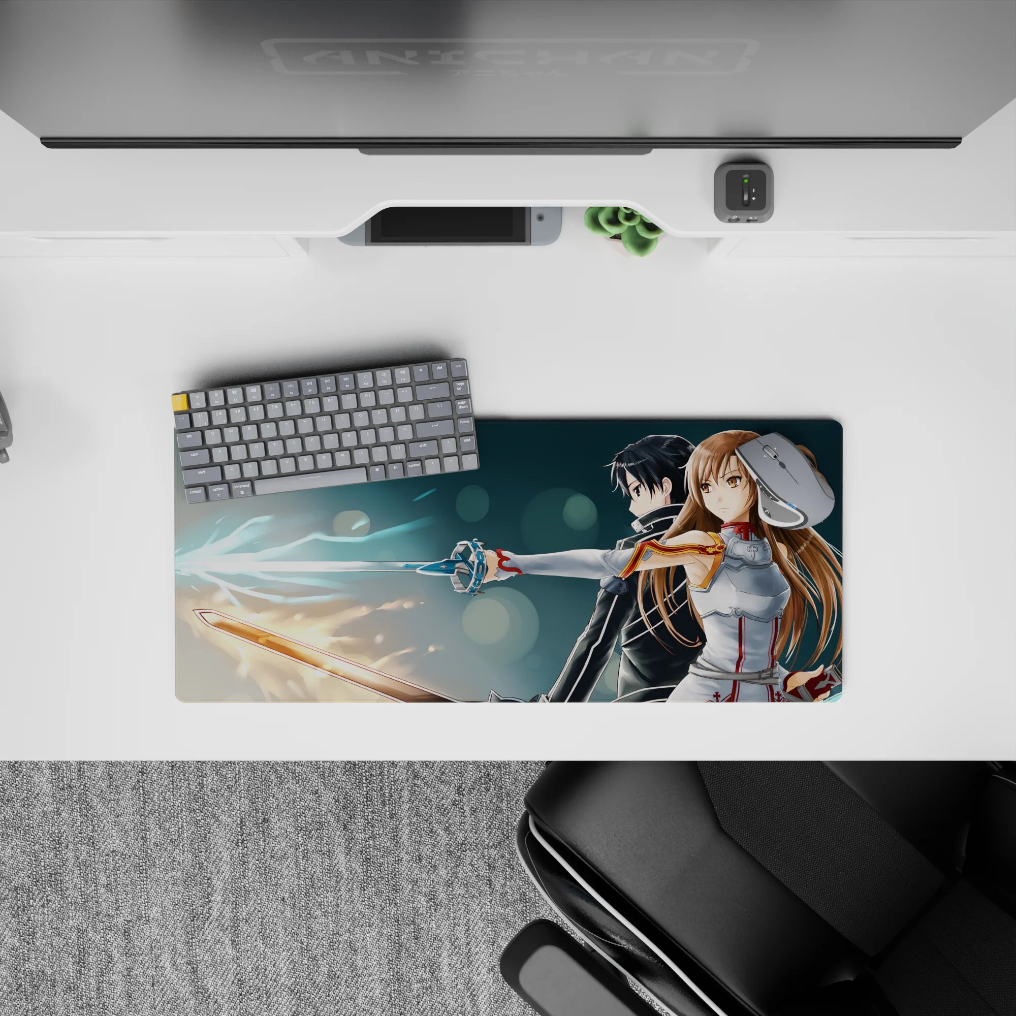 Sword Art Online anime mouse pad, 28x12 inches, featuring Kirito and Asuna, swords glowing in blue and amber, dynamic poses.