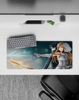 Sword Art Online anime mouse pad, 28x12 inches, featuring Kirito and Asuna, swords glowing in blue and amber, dynamic poses.