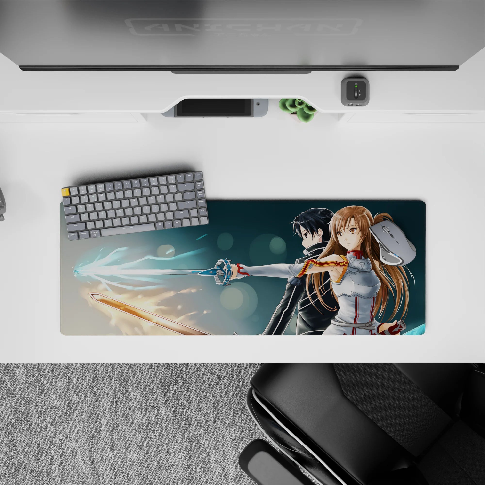 Sword Art Online mouse pad featuring Kirito and Asuna, 32x12 inches. Iconic Aincrad duo ready for battle, vibrant design.