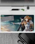 Anime mouse pad 32x16 inches featuring Sword Art Online's Kirito and Asuna, swords glowing blue and amber, battle-ready.