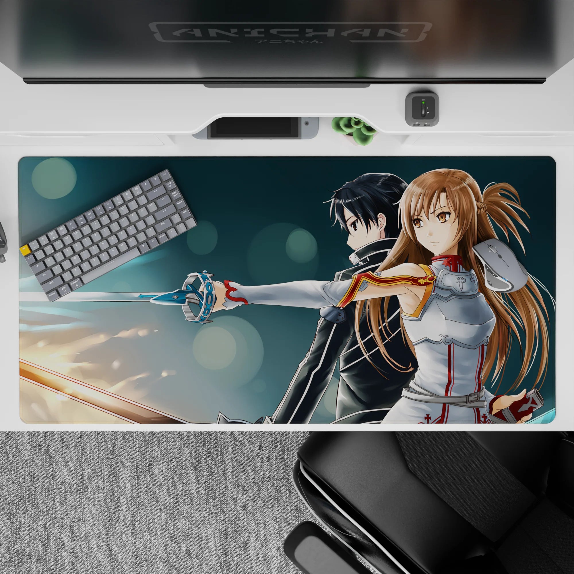 Anime desk pad 40x20 inches featuring Kirito and Asuna from Sword Art Online, swords glowing blue and amber.